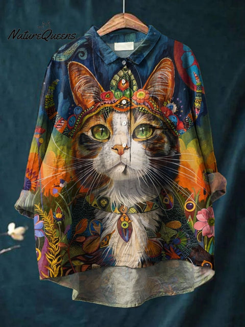 Hippie Cat Art Print décontracté en coton et lin col rond bouton poche à manches longues chemise Top