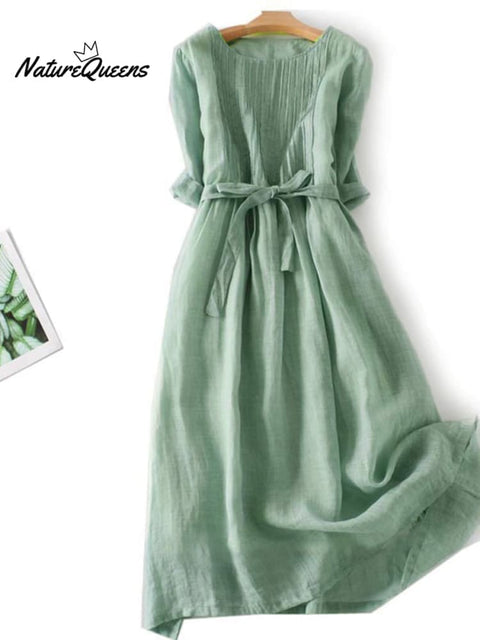 Elegant Pleated Loose Cotton Linen Dress